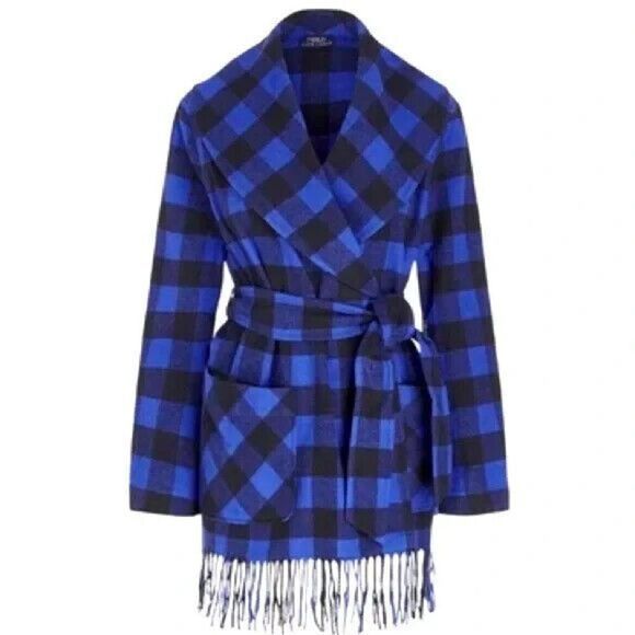 New POLO RALPH LAUREN Checked Fringe-Edge Belted Jacket Size Large - Picture 1 of 7